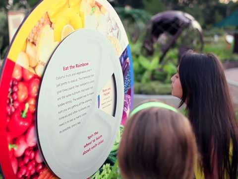 children outdoors spinning an interactive food wheel