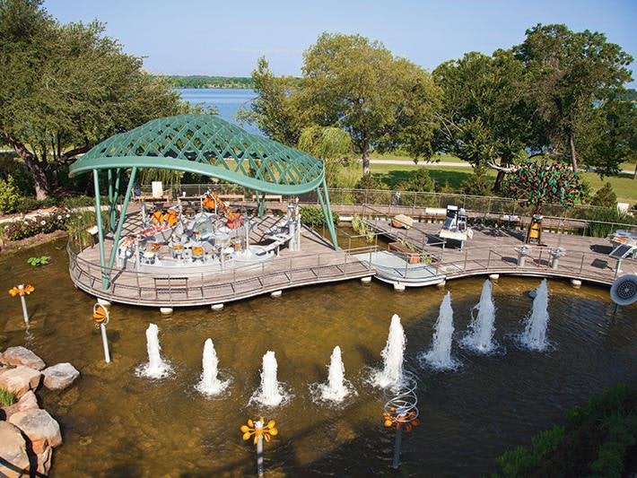 fountain area with architectural undulating canopy